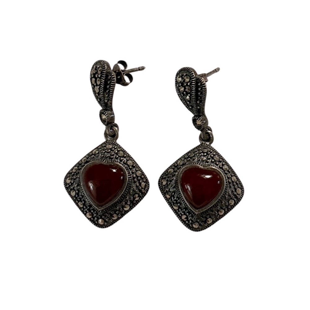 Vintage Sterling 925 marcasite stone earring with heart centre stone